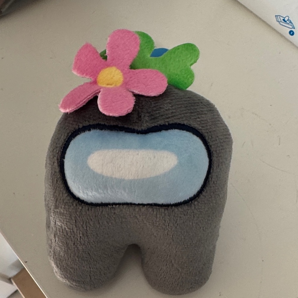 Among us Gray Stuffed Animal with Pink Flower